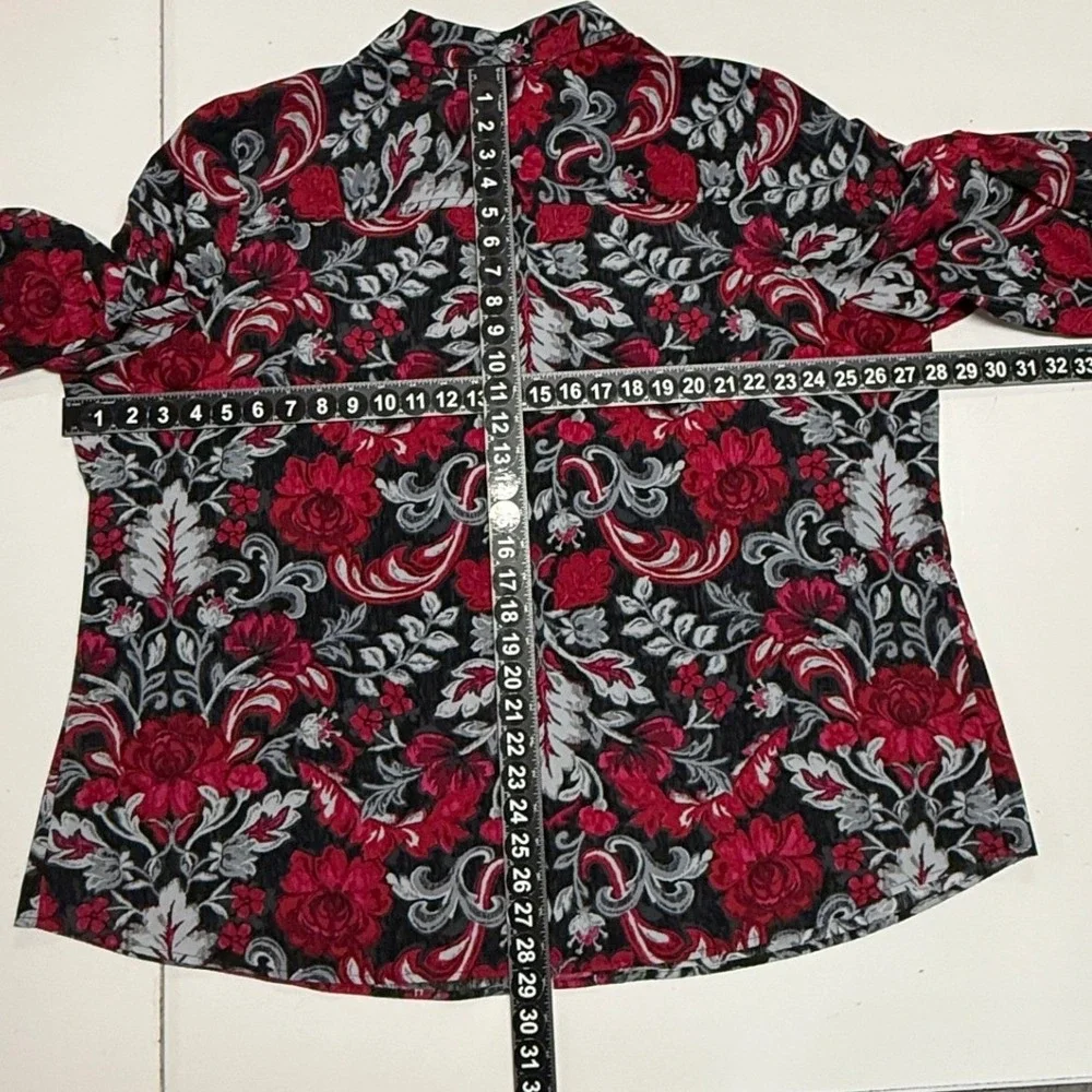 Croft & Barrow Top Shirt Womans 3X Red Black Floral Button Up 3/4 Sleeve Blouse - Picture 4 of 9